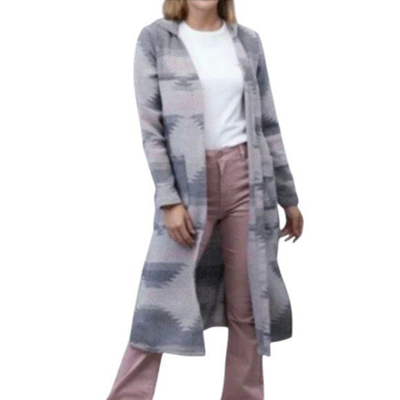 Dictionary Women's Gray / Pink Hooded Long Open Front Cardigan XL - Picture 1 of 6